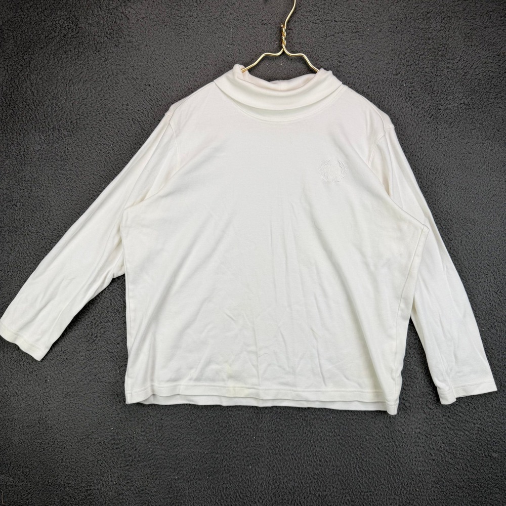 Blair Womens XL‎ White Mock Neck Long Sleeve Top Embroidered Laurel Wreath Logo